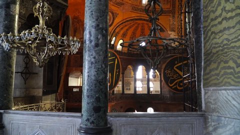 ISTANBUL - 05, June 2017: High columns at the Aya Sofia Mosque. Hagia Sophia Museum in Istanbul, Turkey. 4K Interior video of Aya Sophia