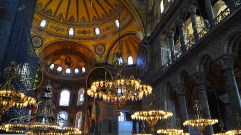 ISTANBUL - 05, June 2017: Hagia Sophia Museum in Istanbul, Turkey. 4K Interior video of Aya Sophia. Beautiful chandeliers in the mosque Aya Sofia.