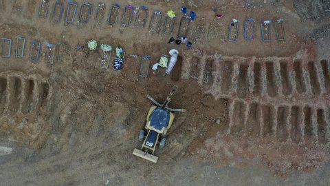 Manaus, Amazonas, Brasil - 05/08/2020 - drone footage of poor people being buried in mass graves due to the excessive number of deaths by Covid-19 at the Nossa Senhora Aparecida cemetery