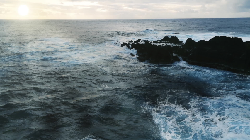 Pacific Ocean Waves Hitting Rocky Coast Near Ana Kai Tangata Cave, Rapa Nui