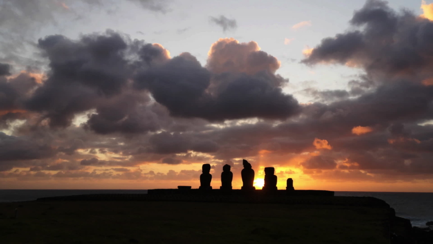 Easter Island Sunset with Moai Statues Silhouetted, Chile