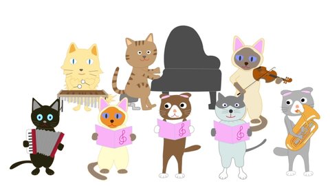 Cat concert. Cats are playing musical instruments and singing.