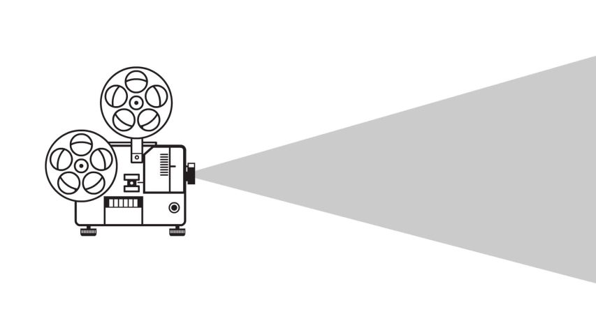 2d Animation motion graphics showing a line drawing of a vintage movie projector on white and green screen in HD high definition done retro style.