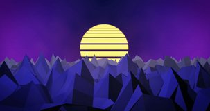 Low Poly Anime style mountains countryside terrain animation with sunrise. 80s style retro neon 3D abstract background with smooth and subtle evolving movement in 4K UHD