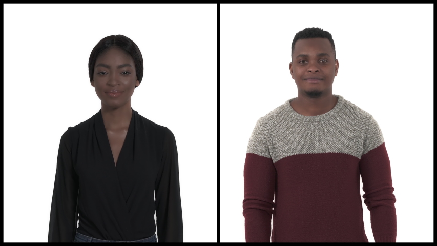 Vertical collage of young loving African couple shaping hands in heart shape. Relationships concept. Body language and gestures