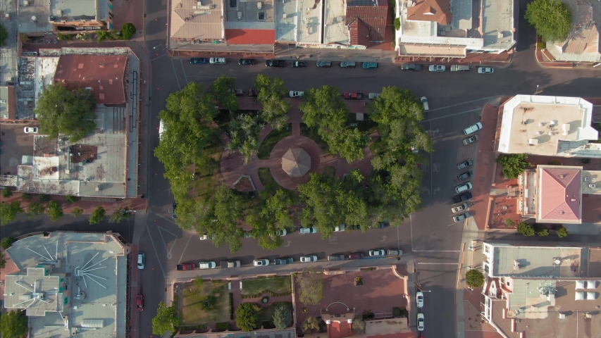 Aerial: Old Town Plaza & rotundra. Albuquerque, New Mexico, USA 