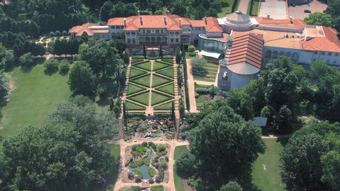 Tulsa, Oklahoma, USA. 1 May 2020. Aerial: Philbrook Museum Of Art, a global collection of fine & decorative art in an ornate Italian Renaissance-style mansion & gardens. 