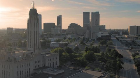 Tulsa, Oklahoma, USA. 1 May 2020. Aerial of the Boston Avenue United Methodist Church & the Tulsa city skyline at sunset