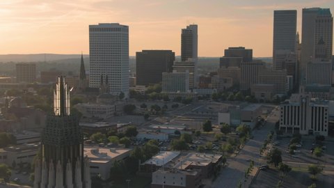 Tulsa, Oklahoma, USA. 1 May 2020. Aerial of the Boston Avenue United Methodist Church & the Tulsa city skyline at sunset