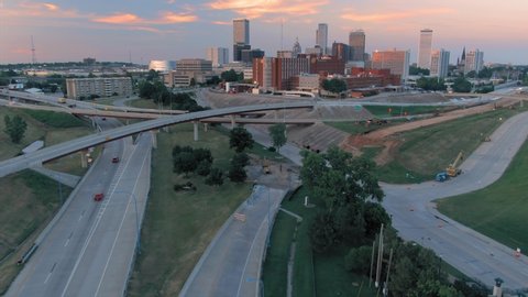 Tulsa, Oklahoma, USA. 1 May 2020. Aerial of the Tulsa city skyline and freeway at sunset