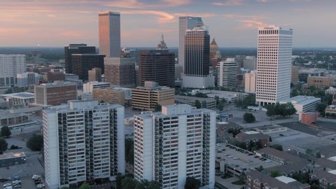 Tulsa, Oklahoma, USA. 1 May 2020. Aerial of the Tulsa city skyline at sunset