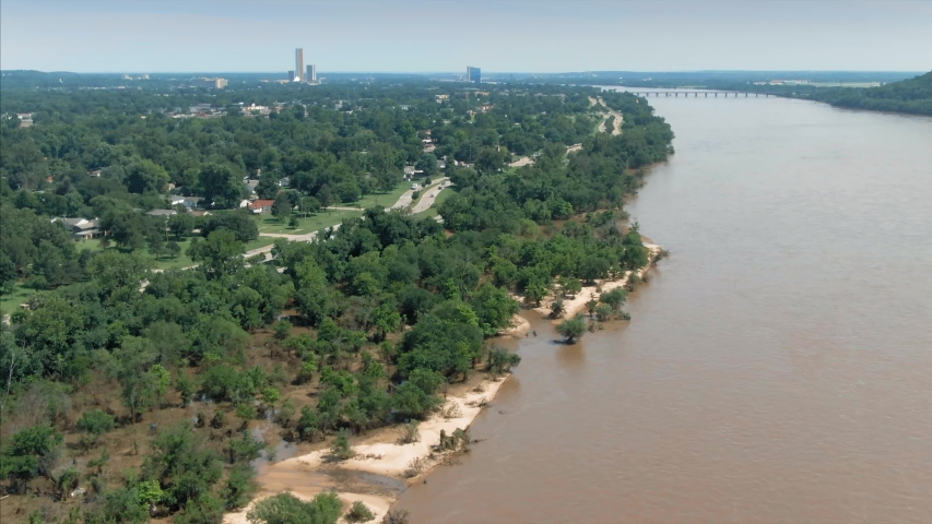 Tulsa, Oklahoma, USA. Aerial over the Arkansas River in Riverwood South district