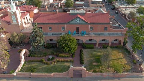 Albuquerque, New Mexico, USA. 31 September 2019. Aerial of The San Felipe De Neri Church in the Old Town of Albuquerque 