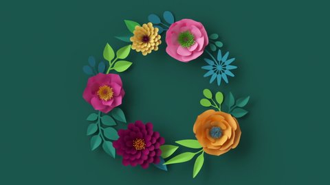 3d abstract floral wreath appearing over dark green wall, botanical background animation, blooming live image, motion design, pink peachy orange paper flowers growing, round frame with copy space
