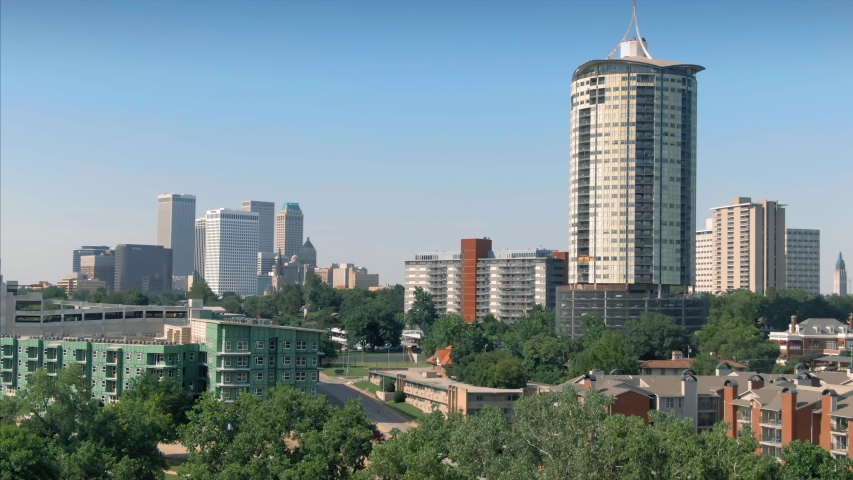 Tulsa, Oklahoma, USA. Aerial of over suburbs and the downtown city skyline. 