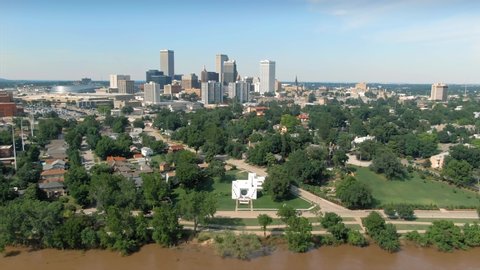 Tulsa, Oklahoma, USA. Aerial of over suburbs & the city skyline. 