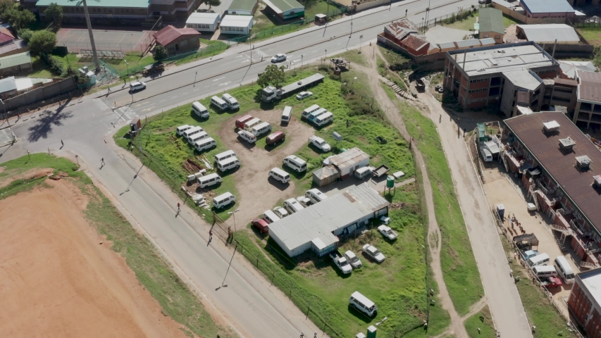 Aerial view of a small minibus taxi rank in Alexandra Township, South Africa. 