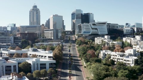 Sandton, Johannesburg - 10 May 2020. Aerial view of the Sandton skyline and the empty streets as a result of the covid-19 Coronavirus lockdown.