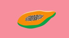 Footage of loop animation of ripe papaya jiggling wiggling on pink background. Kids cartoon style video in pop art style for tropical fruits healthy diet summer fun concept