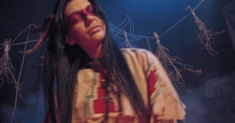 Scary Native American Woman Dancing Smoke Stock Footage Video (100%