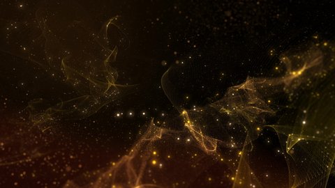 3D render animation of Gold sparkling nebula. Abstract motion design background shining gold particles. Shimmering Glittering Particles With Bokeh. 
