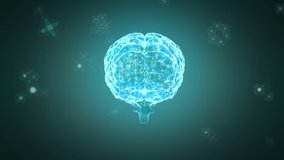 Animation of multiple molecules, chemical elements floating and a 3D human brain model spinning on blue background. Coronavirus Covid-19 pandemic DNA concept digital composite - Powered by Shutterstock - Get 15% off with code: PIKWIZARD15
