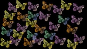 Abstract colorful butterflies flying on black background. butterflies grow closer and closer. 4K video
