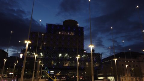 BIRMINGHAM, UK - 2020: Birmingham library UK at night during coronavirus lockdown with empty streets