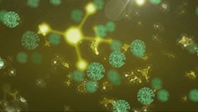 Animation of multiple molecules, chemical elements floating on black background. Coronavirus Covid-19 pandemic DNA concept digital composite - Powered by Shutterstock - Get 15% off with code: PIKWIZARD15