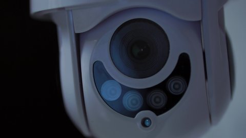 Cinematic Cctv Security Camera Rotates At Night, 4K Surveillance.