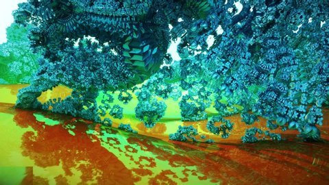 
Background for psychological therapy, yoga and meditation. Alien landscape and water. Blue orange fractal abstraction. Psychedelic art. Blue alien particles