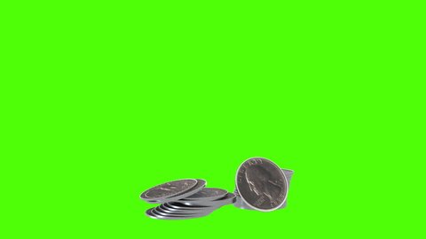 3D render of American Quarter coins falling and bouncing on green screen. Easy to key and put in your footage. 