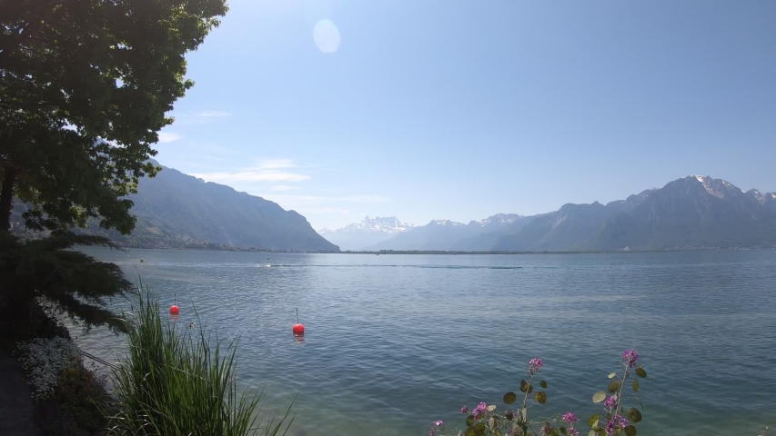 Beautiful view from Lake Geneva Montreux, spring 2020, Switzerland