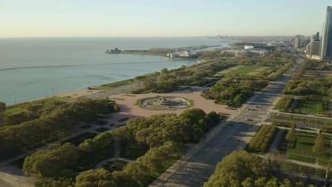 Birds Eye View of an Empty Buckingham Fountain during Coronavirus Stay at Home Order in Chicago, Illinois during the Day
