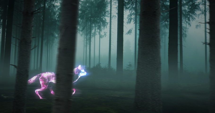 A glowing wolf leaves light trail as a it runs through a dark forest.  Royalty-Free Stock Footage #1052313373