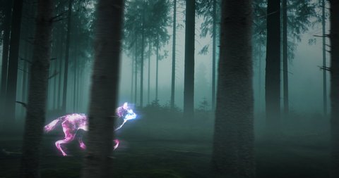 A glowing wolf leaves light trail as a it runs through a dark forest. 