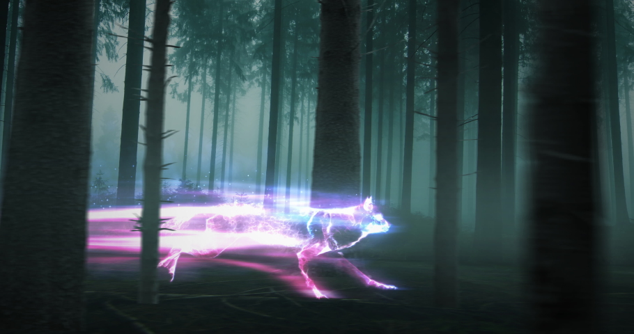 A glowing wolf leaves light trail as a it runs through a dark forest.  | Shutterstock HD Video #1052313373