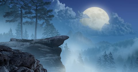 Animation featuring a pack of wolves that run to the edge of a cliff. The alpha sits down and howls at the moon, in front of a mountainous forest background. 