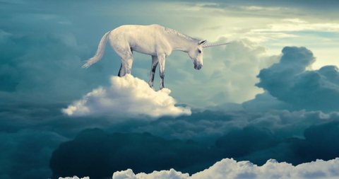 Animation featuring a white unicorn running and jumping on clouds in the sky.