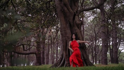 A Barefooted Woman Dancing Expressively And Doing A Cambré Derrière In Front Of The Tree. -wide shot