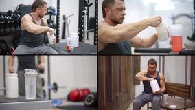 bodybuilder is making protein shake in fitness center, training, collage
