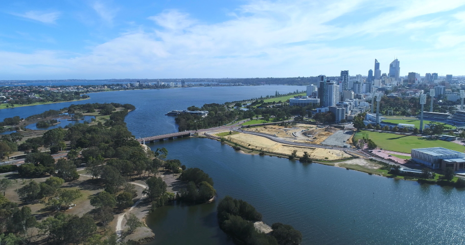 Panorama aerial view of Perth CBD, Heirisson Island and Swan River. Perth, Western Australia