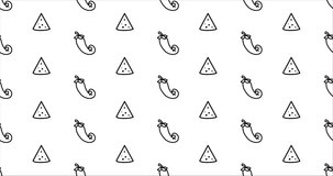 Repeating black and white seamless video animation motion clip background with icons tacos chips cheese and peppers chili in seamless pattern repeating loop
