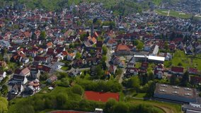 Aerial view of the city Urbach in Germany on a sunny spring day during the coronavirus lockdown.