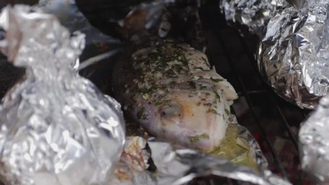 A slightly moving backwards shot of a sea bream dorade fish at the grill next to some aluminum balls with vegetables inside