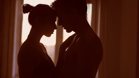 silhouette two young lovers touching, ambracing and kissing each other soft and tenderly against window with warm sunset sunlight. boy and girl in cozy bedroom before first sex