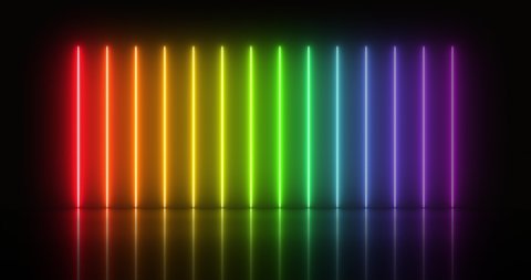 4k video animation of glowing vertical neon lines in rainbow colors on reflecting floor. Flashing rainbow colors. Retro neon light.
