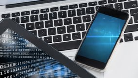 Animation of smartphone showing web of connections with social icons on the screen and digital tablet showing data processing on the screen. Coronavirus Covid-19 technology concept digital composition - Powered by Shutterstock - Get 15% off with code: PIKWIZARD15