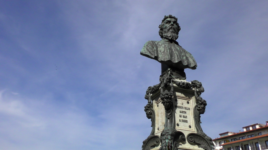 Bust of Benvenuto Cellini installed on the Ponte Vecchio bridge in the Italian city of Florence