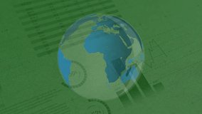 Animation of statistics, data processing over globe spinning and red dices tumbling. Coronavirus Covid-19 pandemic concept digital composite - Powered by Shutterstock - Get 15% off with code: PIKWIZARD15